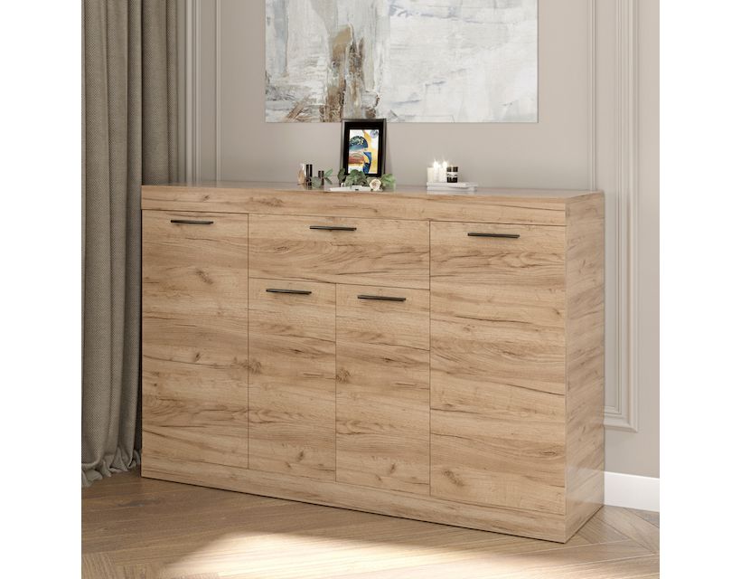 Большой комод Эверест с дверями и ящиком Соната-7 140х38х94 дуб крафт золотой (DTM-2706)