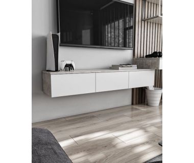 Подвесная тумба под ТВ в гостиную, TV тумба на 3 ящика, тумба под телевизор T-221 от Moreli (Морели) Бетон/Белый