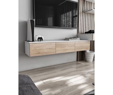 Підвісна тумба під ТВ у вітальню, TV тумба на 3 ящики, тумба під телевізор T-221 від Moreli (Морелі) Білий/Дуб Сонома