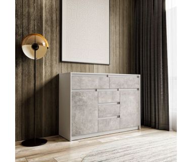 Комод для дома без ручек с 2 дверцами и 5 ящиками T-227 от Moreli (Морели) Белый/Бетон Комод для дома без ручек с 2 дверцами и 5 ящиками T-227 от Moreli (Морели) Белый/Бетон