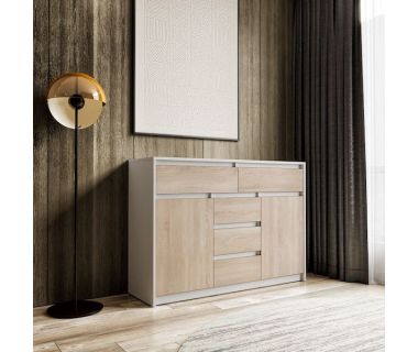 Комод для дому без ручок з 2 дверцятами та 5 ящиками T-227 від Moreli (Морелі) Білий/Дуб Сонома Комод для дому без ручок з 2 дверцятами та 5 ящиками T-227 від Moreli (Морелі) Білий/Дуб Сонома