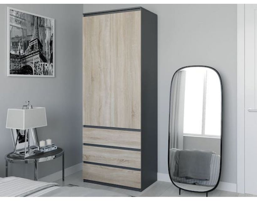 Шкаф распашной для одежды с трубой T-211 от Moreli (Морели) Антрацит/Дуб Сонома