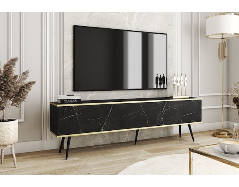 Тумба під телевізор Perfect Оро/Oro 3-дверна із чорними ніжками RTV175 Чорний мармур роял (PFH-091340)