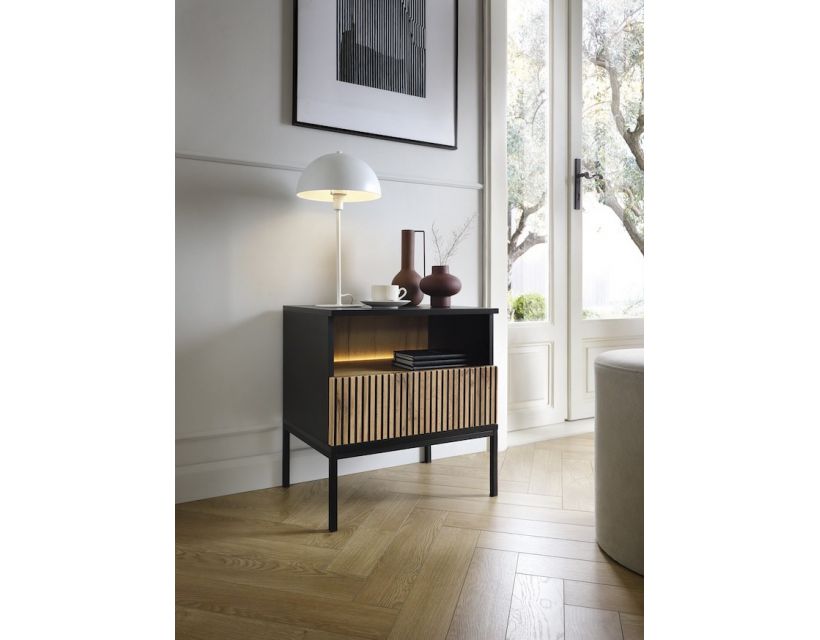 Тумба прикроватная с подсветкой Perfect Сенто / Sento S54 с 1 ящиком Черный/дуб один (PFH-091484)