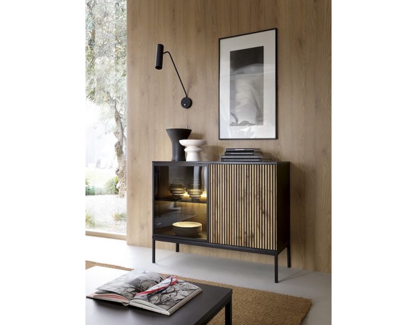 Комод с подсветкой Perfect Сенто / Sento K104 2-дверный Черный/дуб вотан (PFH-091489)