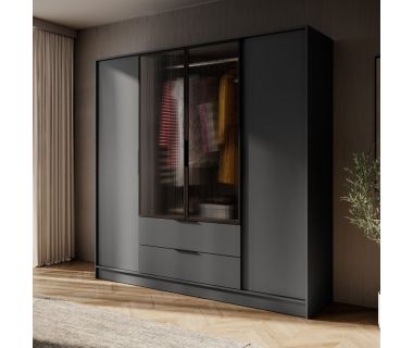 Гардеробный / шкаф для одежды Perfect Келли / Kelly 4DRM 4-дверный с центральной прозрачной дверцей и реей Графит (PFH-091892)