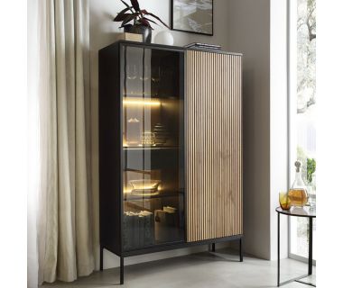 Витрина высокая с подсветкой Perfect Сенто / Sento WTSZ104 2-дверная Черный/дуб один (PFH-091491)