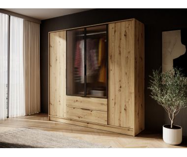 Гардеробный / шкаф для одежды Perfect Келли / Kelly 4DRM 4-дверный с центральной прозрачной дверцей и реей Дуб артизан (PFH-091893)