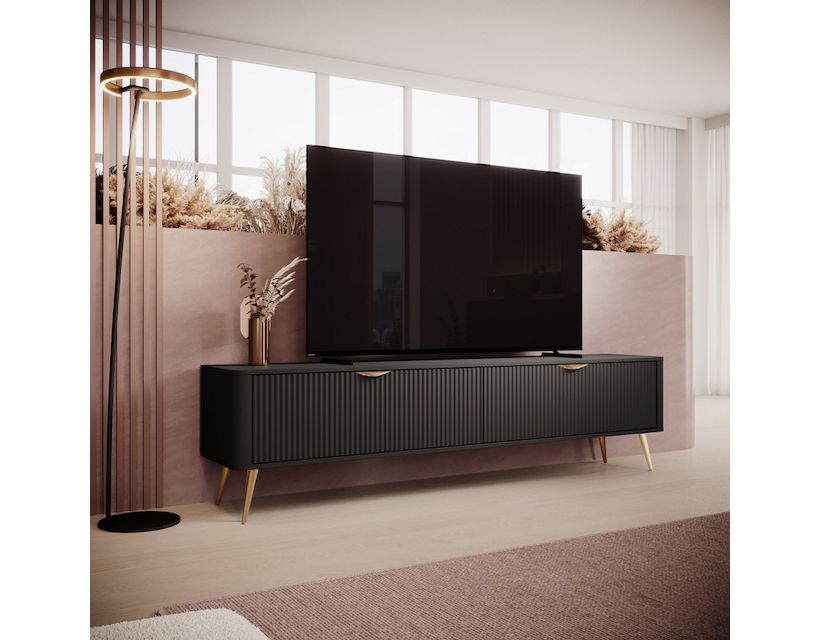 Тумба под телевизор Perfect Ланте/Lante 2-дверная с золотыми ножками 2D/200 Черный (PFH-091193)