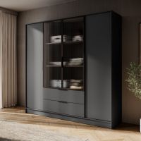 Гардеробна / шафа для одягу Perfect Келлі / Kelly 4DRM 4-дверна з центральними прозорими дверцятами та додатковими полицями Графіт (PFH-091896)
