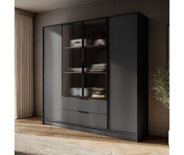 Гардеробна / шафа для одягу Perfect Келлі / Kelly 4DRM 4-дверна з центральними прозорими дверцятами та додатковими полицями Графіт (PFH-091896)