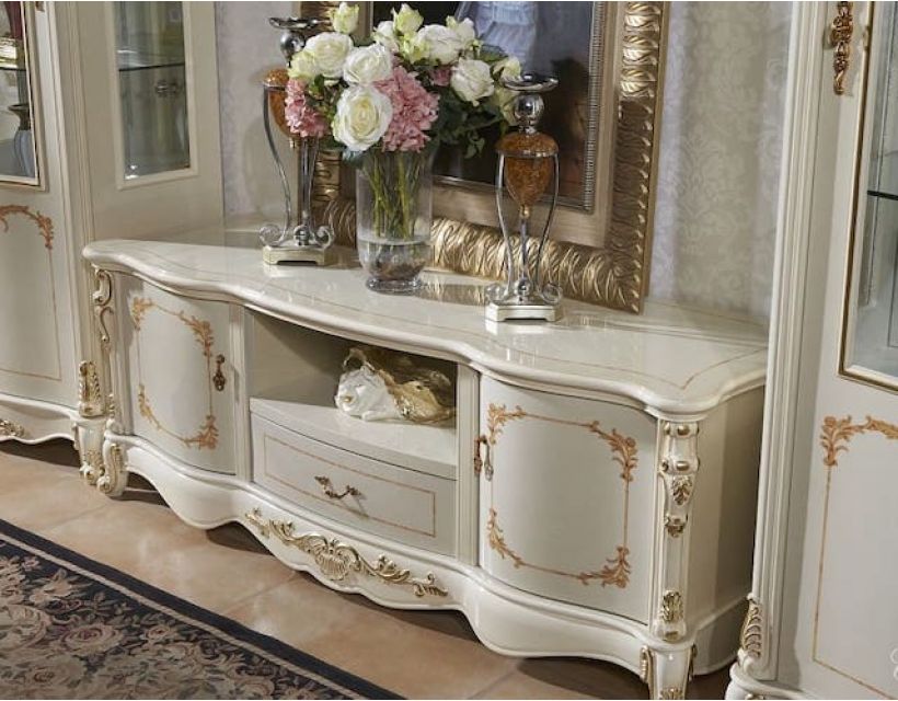 Тумба під ТВ класична Неаполь у вітальню, кремова із золотою патиною, глянець