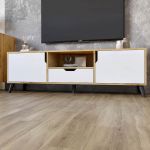 Тумба под телевизор с черными ножками М-ЗОН Борн 1600 Дуб Артизан/Нимфея Альба (белый) (MZN-031080)