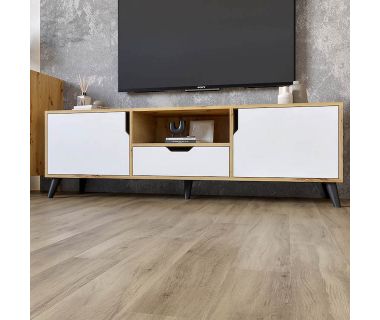 Тумба під телевізор із чорними ніжками М-ЗОН Борн 1600 Дуб Артизан/Німфея Альба (білий) (MZN-031080)