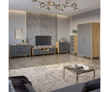 Комплект меблів для вітальні 5 предметів із ніжками кольору світлий горіх М-ЗОН Борн Дуб Артизан/Антрацит (MZN-031069)