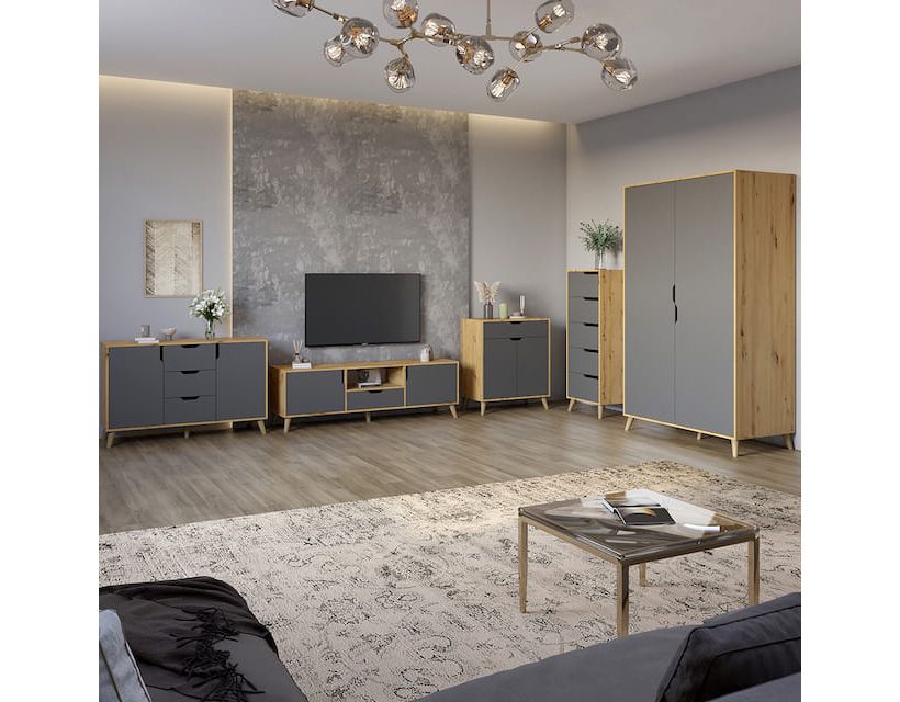 Комплект меблів для вітальні 5 предметів із ніжками кольору світлий горіх М-ЗОН Борн Дуб Артизан/Антрацит (MZN-031069)