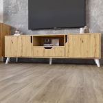 Тумба под телевизор с белыми ножками М-ЗОН Борн 1600 Дуб Артизан (MZN-031082)