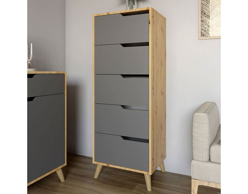 Комод високий з ніжками у кольорі Горіх світлий 5 ящиків М-ЗОН Борн 500 Дуб Артизан/Антрацит (MZN-031102)