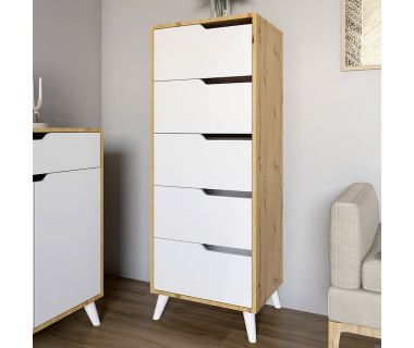 Комод високий з білими ніжками 5 ящиків М-ЗОН Борн 500 Дуб Артизан/Німфея Альба (білий) (MZN-031103)
