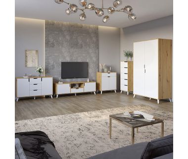 Комплект меблів для вітальні 5 предметів з білими ніжками М-ЗОН Борн Дуб Артизан/Німфея Альба (білий) (MZN-031066)