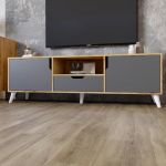 Тумба под телевизор с белыми ножками М-ЗОН Борн 1600 Дуб артизан/Антрацит (MZN-031076)