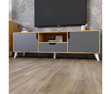 Тумба під телевізор із білими ніжками М-ЗОН Борн 1600 Дуб артизан/Антрацит (MZN-031076)