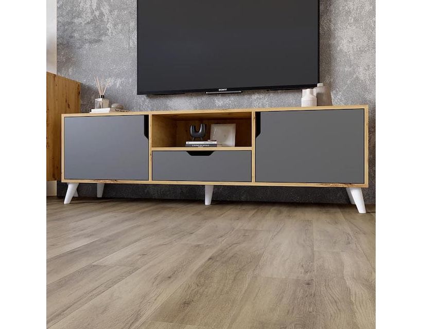 Тумба під телевізор із білими ніжками М-ЗОН Борн 1600 Дуб артизан/Антрацит (MZN-031076)