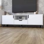 Тумба под телевизор с черными ножками М-ЗОН Борн 1600 Нимфея Альба (белый) (MZN-031086)