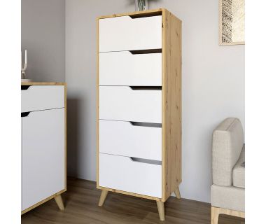 Комод високий з ніжками у кольорі Горіх Світлий 5 ящиків М-ЗОН Борн 500 Дуб Артизан/Німфея Альба (білий) (MZN-031105)