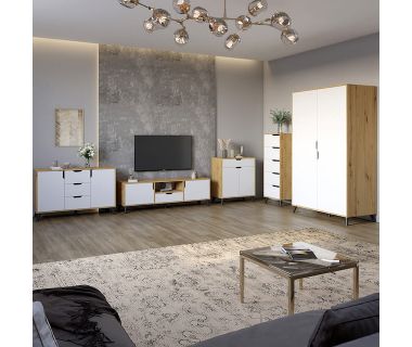 Комплект меблів для вітальні 5 предметів із чорними ніжками М-ЗОН Борн Дуб Артизан/Німфея Альба (білий) (MZN-031074)