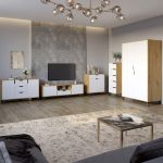 Комплект мебели для гостиной 5 предметов с черными ножками М-ЗОН Борн Дуб Артизан/Нимфея Альба (белый) (MZN-031074)