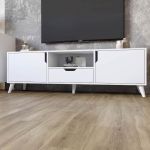 Тумба под телевизор с белыми ножками М-ЗОН Борн 1600 Нимфея Альба (белый) (MZN-031099)