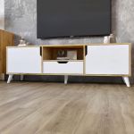 Тумба под телевизор с белыми ножками М-ЗОН Борн 1600 Дуб Артизан/Нимфея Альба (белый) (MZN-031079)