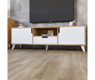 Тумба під телевізор із білими ніжками М-ЗОН Борн 1600 Дуб Артизан/Німфея Альба (білий) (MZN-031079)