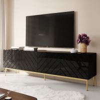 ABETO 200 CAMA MEBLE Тумба ТВ чорний / чорний глянець / золоті металеві ніжки