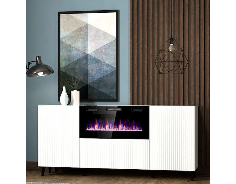 PAFOS 180 EF CAMA MEBLE Комод білий/чорний камін/чорні ніжки