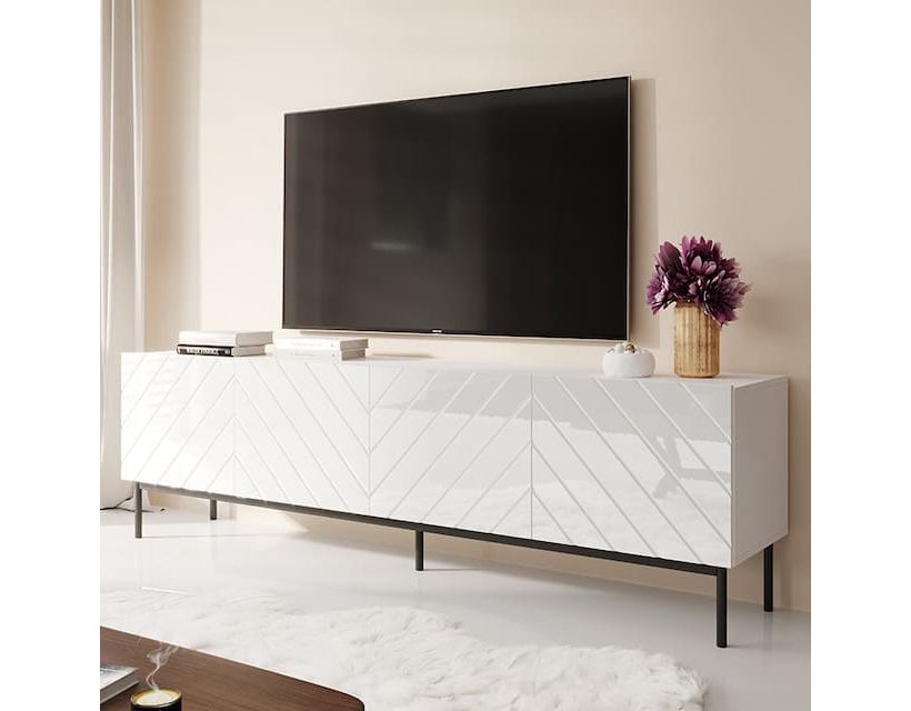 ABETO 200 CAMA MEBLE Тумба ТВ белый/белый глянец/черные металлические ножки