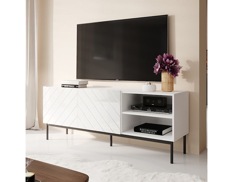 ABETO 150 CAMA MEBLE Тумба ТВ белый/белый глянец/черные металлические ножки