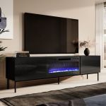 SLIDE K 200 CAMA MEBLE Тумба ТВ чорний/чорний глянець/чорні ніжки з чорним електрокаміном