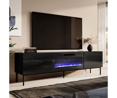 SLIDE K 200 CAMA MEBLE Тумба ТВ черный/черный глянец/черные ножки с черным электрокамином