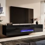 SLIDE K 200 CAMA MEBLE Тумба ТВ навісна чорний / чорний глянець з чорним електрокаміном