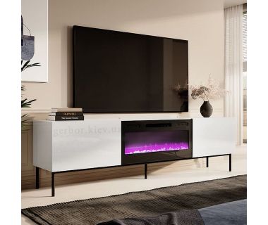 SLIDE K 200 CAMA MEBLE Тумба ТВ белый/белый глянец/чёрные ножки с черным электрокамином