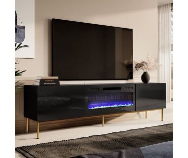 SLIDE K 200 CAMA MEBLE Тумба ТВ черный/черный глянец/золотые ножки с черным электрокамином