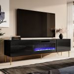 SLIDE K 200 CAMA MEBLE Тумба ТВ чорний / чорний глянець / золоті ніжки з чорним електрокаміном
