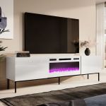 SLIDE K 200 CAMA MEBLE Тумба ТВ білий/білий глянець/чорні ніжки з білим електрокаміном