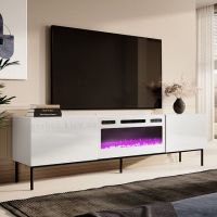 SLIDE K 200 CAMA MEBLE Тумба ТВ белый/белый глянец/чёрные ножки с белым электрокамином
