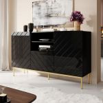 ABETO CAMA MEBLE Комод черный / черный глянец / золотые металлические ножки