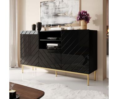 ABETO CAMA MEBLE Комод черный / черный глянец / золотые металлические ножки