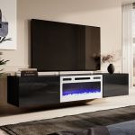 SLIDE K 200 CAMA MEBLE Тумба ТВ навісна чорний/чорний глянець з білим електрокаміном