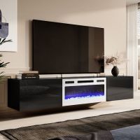 SLIDE K 200 CAMA MEBLE Тумба ТВ навесная черный/черный глянец с белым электрокамином